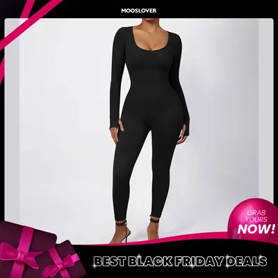 Mooslover Women Yoga Jumpsuits Workout Ribbed Long Sleeve Sport Jumpsuits