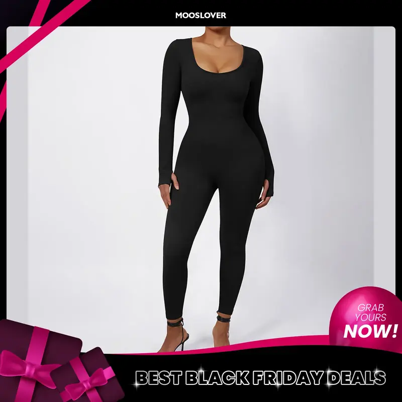 Mooslover Women Yoga Jumpsuits Workout Ribbed Long Sleeve Sport Jumpsuits