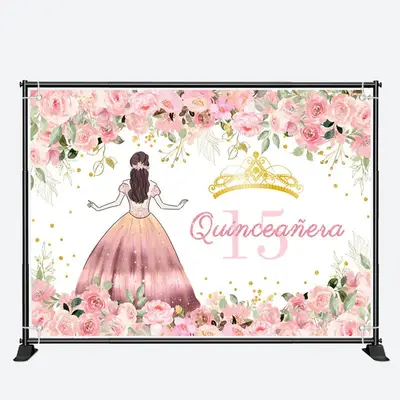 Pink Flower Quinceanera Girl 15th Birthday Backdrop - Aperturee