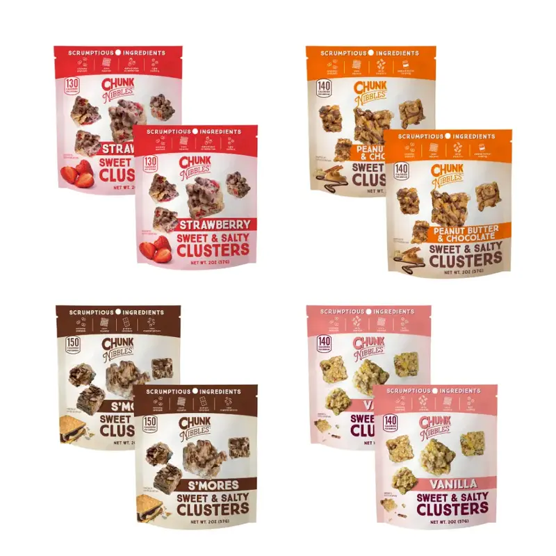 Chunk Nibbles Snack Clusters - Travel size | 8 Pack | 2 oz Bags | 4 Flavors- Peanut Butter Chocolate, Strawberry, S'mores, Va...