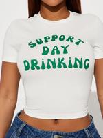 Women's Letter Print Round Neck Crop Tee, Fashion Casual Crew Neck Short Sleeve T-shirt for Daily Holiday Vacation Outdoor We...