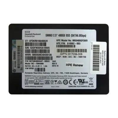 817107-001 HP 480GB Multi-Level Cell SATA 6Gb/s Mixed Use 2.5-Inch Solid State Drive