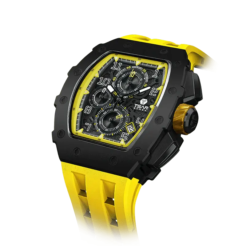 TSAR BOMBA Men's Affordable Luxury Quartz Watch | Black Yellow | Tonneau Case | Seiko Quartz Movement | 5ATM Waterproof Silic...