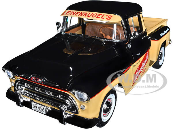 1957 Chevrolet 3100 Stepside Pickup Truck Black and Tan with Graphics Leinenkugle's Beer The Pride of Chippewa Falls 1/18 D...
