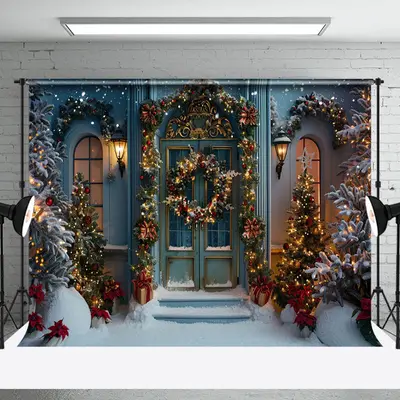 Retro Green House Tree Snow Scene Christmas Backdrop