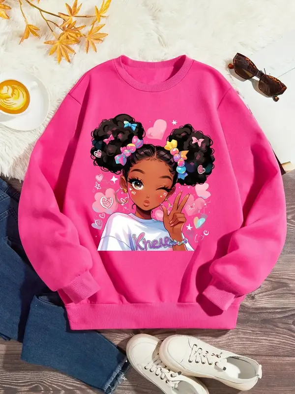 Girl's Cartoon Print Drop Shoulder Sweatshirt, Fashion Casual Crew Neck Long Sleeve Pullover for Daily Outdoor Wear, Girls Cl...