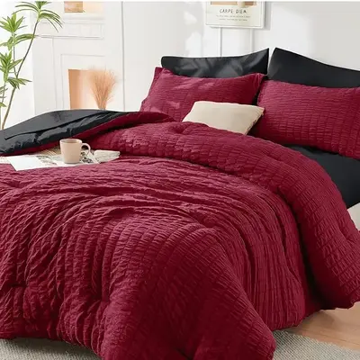 Cozy Elegance: Red & Black Seersucker 7 Pieces, All Season Luxury Bed in a Bag for Bedroom, Bedding Set with Comforters, Shee...