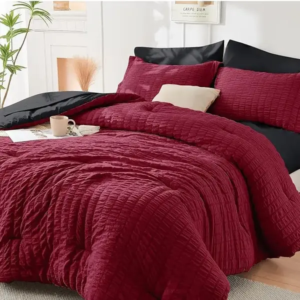 Cozy Elegance: Red & Black Seersucker 7 Pieces, All Season Luxury Bed in a Bag for Bedroom, Bedding Set with Comforters, Shee...
