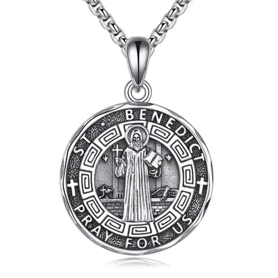 Sterling Silver Saint Benedict Pendant Necklace for Men