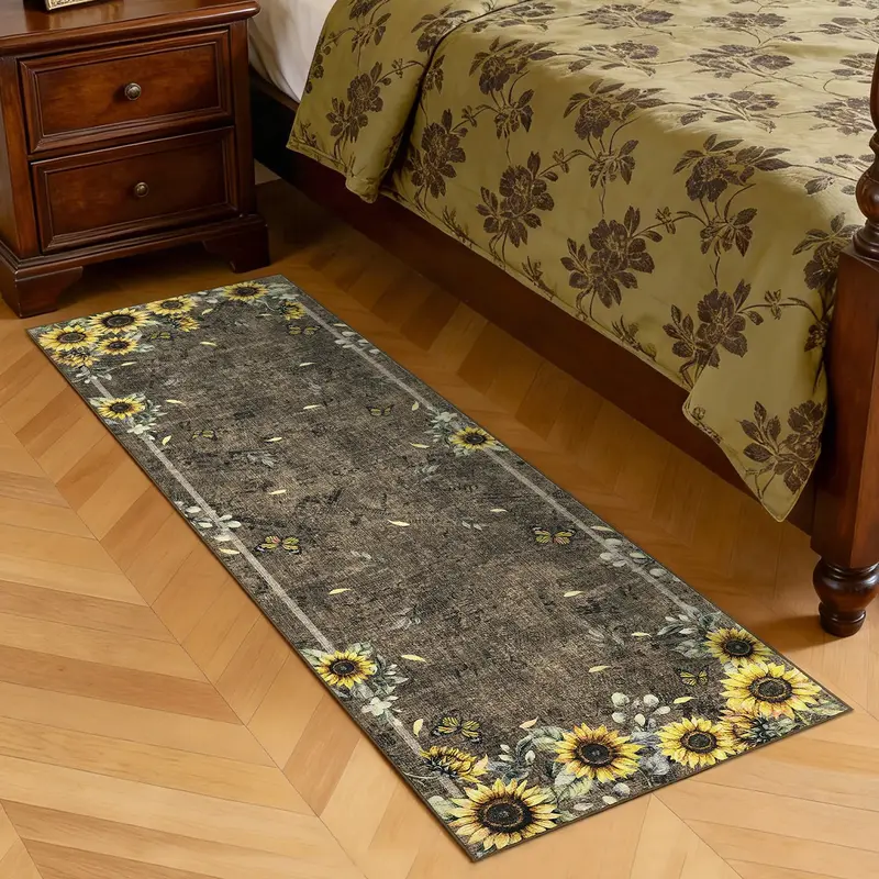 Garvee Sunflower 2x6ft Washable Non-Slip Runner Rug – Modern Low Pile, Mark Resistant Soft Floral Carpet Mat for Kitchen, B...