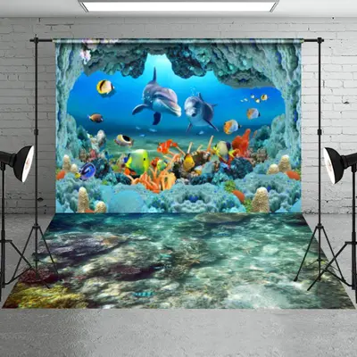 Summer Blue Whale Fish Backdrop+Coral Reef Floor Backdrop - Aperturee