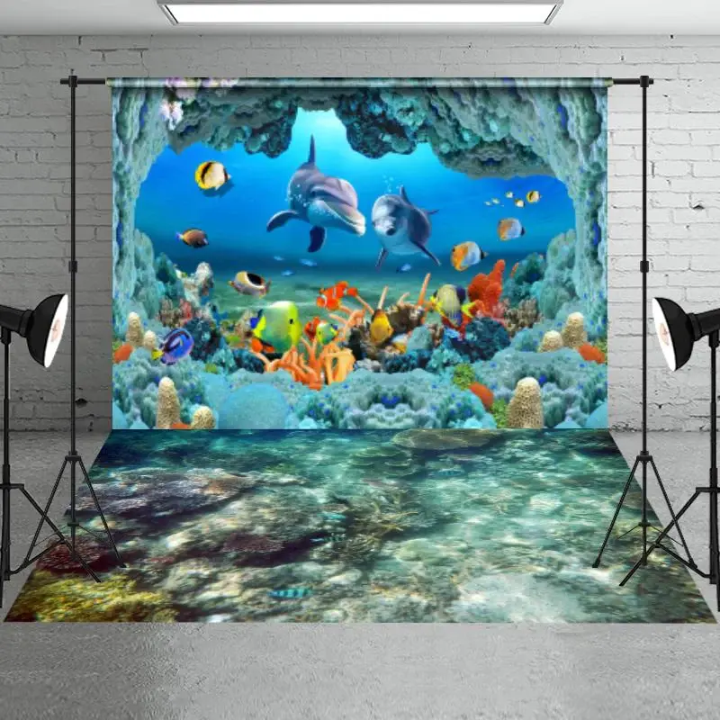 Summer Blue Whale Fish Backdrop+Coral Reef Floor Backdrop - Aperturee