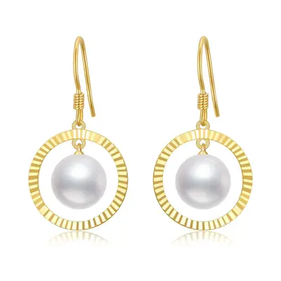 10K Gold Circular Shaped Pearl Circle Drop Earrings