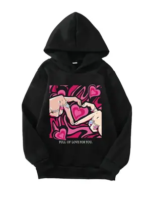 Girl's Cartoon Heart & Letter Print Hoodie, Fashion Casual Long Sleeve Hooded Sweatshirt for Daily Outdoor Wear, Girls Clothi...