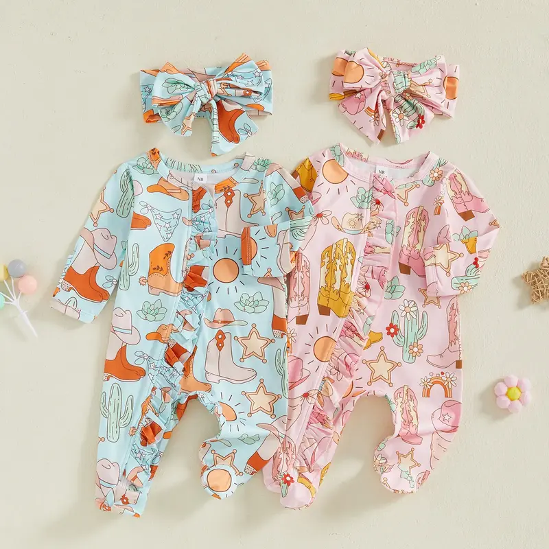 Newborn Baby Girl Western Clothes Cowgirl Boots Footie Romper Ruffle Long Sleeve Zipper Jumpsuit Coming Home Outfit