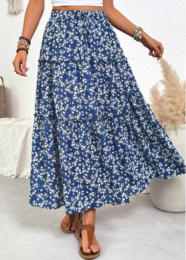 Modlily Blue Ditsy Floral Print A Line Elastic Waist Skirt - M
