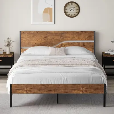 VECELO Platform Wooden Bed Frame Rustic Wood Headboard with Metal Slat Support Twin Full Queen Size No Box Spring Needed Blac...