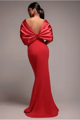 Goddiva Off Shoulder Back Satin Bow Scuba Maxi Dress - Red