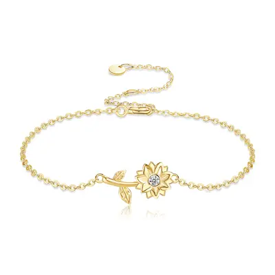 14K Gold Cubic Zirconia Sunflower Charm Bracelet