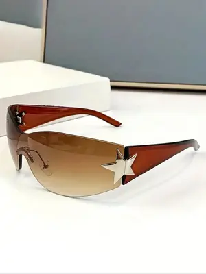 Y2K Star Design Wrap Frame Sunglasses, Preppy Style Clay Brown Gradient Sunglasses for Women, Summer 2024 Trendy Sunglasses f...