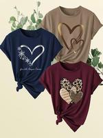 Women's Heart Print Round Neck Tee, Casual Short Sleeve Crew Neck T-shirt for Daily Wear, Ladies Clothes for All Seasons, Top...