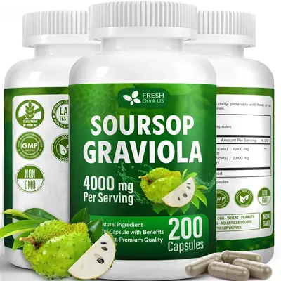 Premium 200 Soursop Capsules, 4000mg per Serving, 100 Days Supply – 100% from Natural Soursop Graviola Fruits and Leaves Ex...