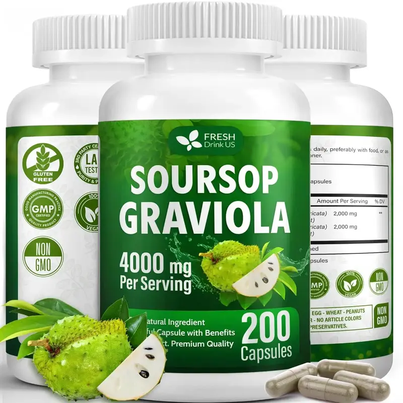 Premium 200 Soursop Capsules, 4000mg per Serving, 100 Days Supply – 100% from Natural Soursop Graviola Fruits and Leaves Ex...