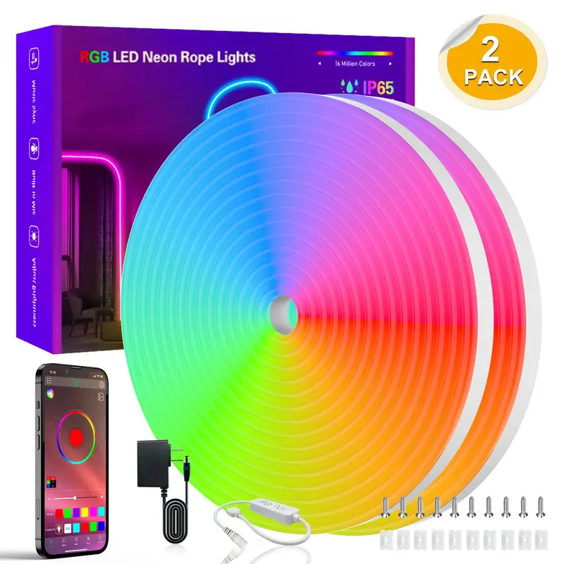 RGB Neon Rope Lights,16.4FT LED Strip Light,Outdoor IP65 Waterproof,Music Sync,DIY Design,Softer Material,Neon Lights for Gam...
