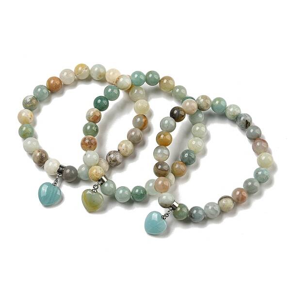8.5mm Round Natural Flower Amazonite Beaded Stretch Bracelets