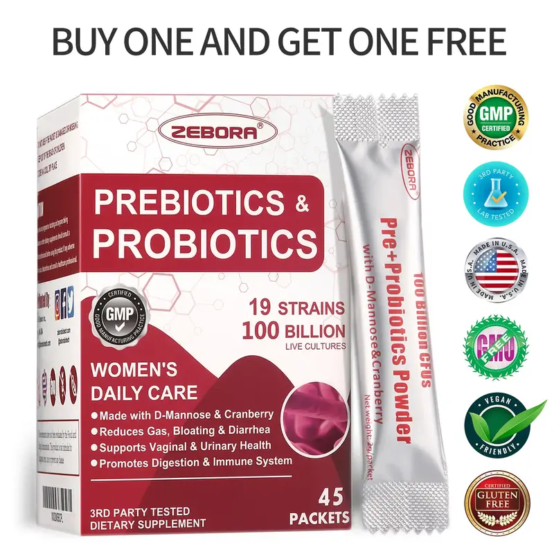 ZEBORA Probiotics-for-Women& man 100-Billion-CFUs with Prebiotics, D-Mannose & Cranberry, 45 Packets Edible Fitness Healthcar...