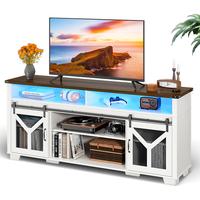 Farmhouse TV Stand for 75 inches TVs, Entertainment Center with Storage, Sliding Barn Doors, Wood Media Console, Farm Style f...