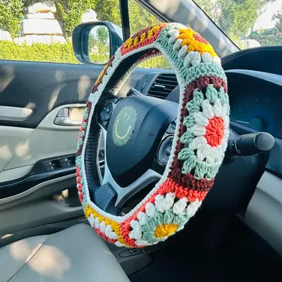 Flower Pattern Crochet Car Steering Wheel Cover, Non-slip Automotive Steering Wheel Protector, Universal Car Steering Wheel C...