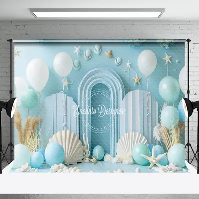 Blue White Balloons Shell Summer Cake Smash Backdrop