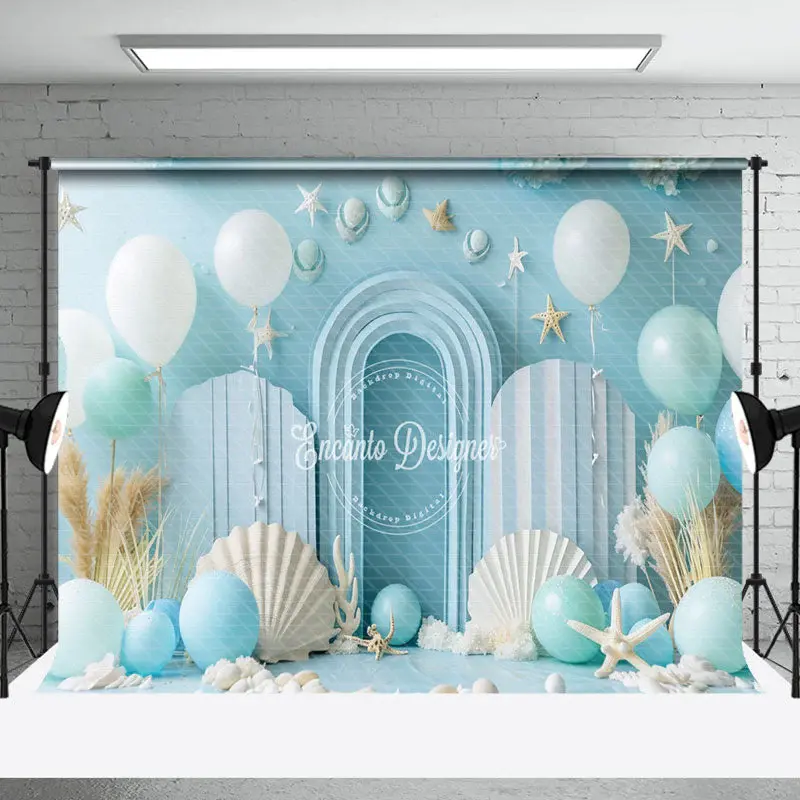 Blue White Balloons Shell Summer Cake Smash Backdrop