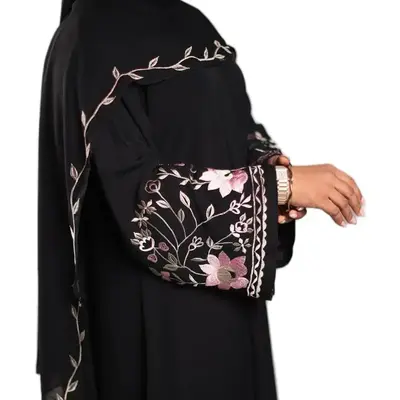 Dubai Abaya with Floral Embroidery and Gold Accents - Fashionable Women's Wear