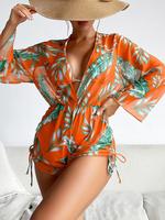 Three-Piece Set Women's Tropical Print Bikini Set, Halter Neck Tie Back Triangle Bra with Removable Pads Design & Drawstring ...