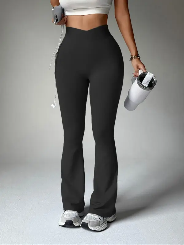 Women's Overlap V Crossover Waistband High Waist Bell Bottom Flare Leggings, Groove Flared Pants, Seamless Tummy Control Comf...