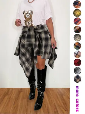 Women's Fashion Plaid Print Asymmetrical Hem High Waisted Skirt, Summer Clothes Women Casual Elastic Waist Tiered Layer Botto...
