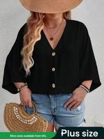【Plus Size】 Solid Color V Neck Button Closure Peplum Blouse, Casual Half Sleeve Top for Daily Wear, Women's Plus Clothing...