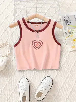 Girl's Heart Print Tank Top, Casual Sleeveless Round Neck Top for Summer, Kids Clothes for Daily Wear