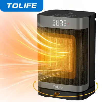 ToLife Space Heater Indoor with Thermostat, 1500W PTC Electric Heater, 60°Oscillating, 4 Modes, 12h Timer, Overheat Protecti...