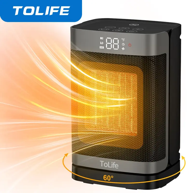 ToLife Space Heater Indoor with Thermostat, 1500W PTC Electric Heater, 60°Oscillating, 4 Modes, 12h Timer, Overheat Protecti...