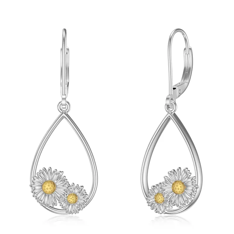 Sterling Silver Two-tone Round Daisy Lever-back Earrings