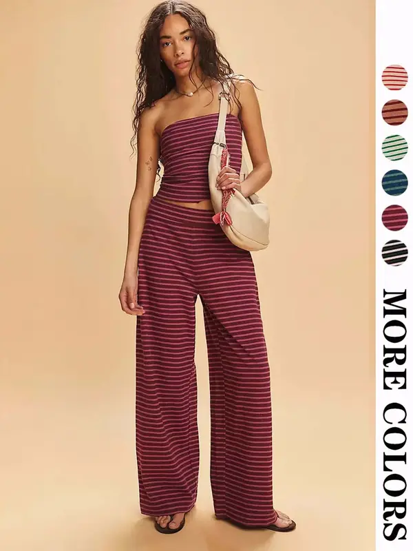 Women's Striped Print Crop Tube Top & Wide Leg Pants Set, Street Fashion Casual Two-piece Set for Daily Wear, Ladies Summer C...