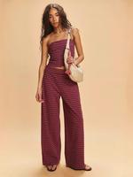 Women's Striped Print Crop Tube Top & Wide Leg Pants Set, Street Fashion Casual Fitted Two-piece Set for Daily Wear, Ladies S...