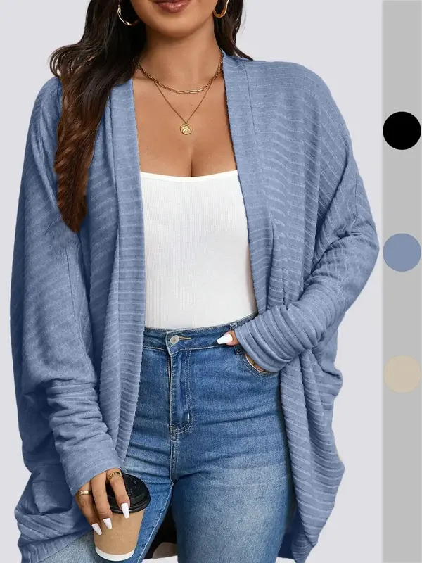 Plus Size Women's Fall Winter Casual Chic Loose Striped Knit Cardigan Coat, Long Sleeve Drop Shoulder Sweater Jacket, Ladies ...