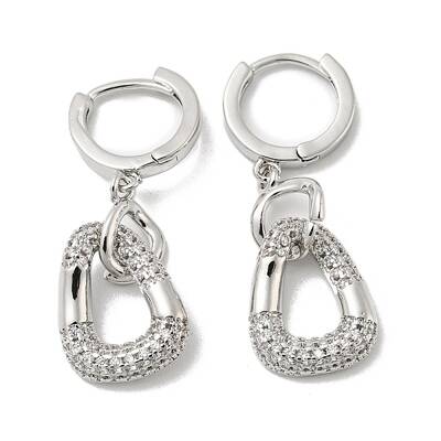 Brass Micro Pave Clear Cubic Zirconia Dangle Hoop Earrings