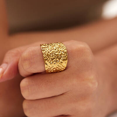 Adjustable Stainless Steel Textured Wide Cuff Rings with Folded Wrinkles for Women