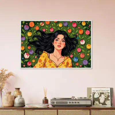 Floral Whimsy - Captivating Woman and Tulip Meadow Art