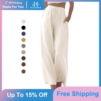 Hixiaohe Womens Cotton Linen Palazzo Pants Drawstring Elastic High Waist Trousers Casual Wide Leg Pants with Pockets